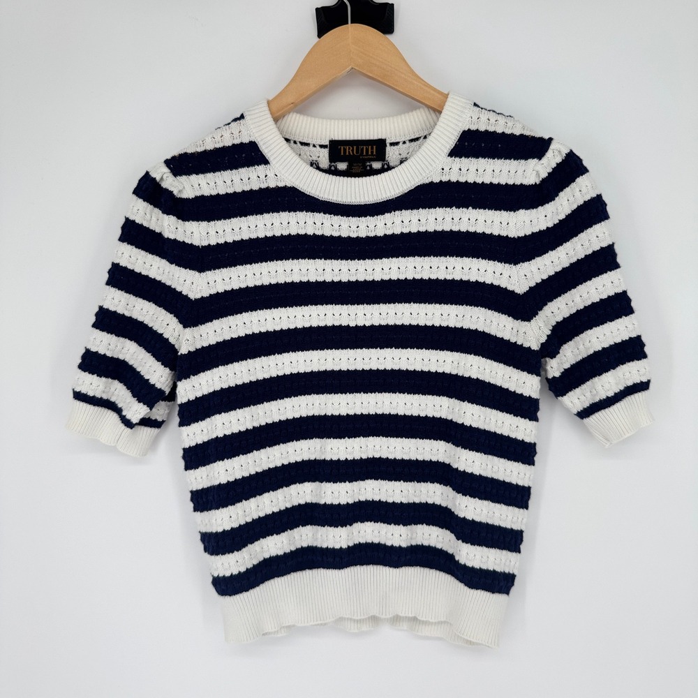 Truth By Republic Striped Short Sleeve Sweater Womens M Navy White Nautical Knit